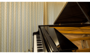 bespoke curtains behind piano