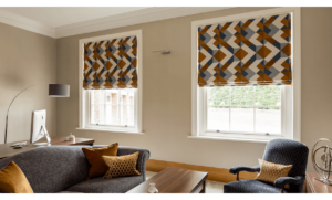 Patterned black out Roman Blinds in living room