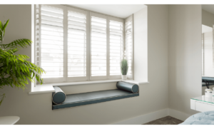 Upholstered navy window bench seat