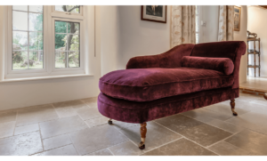 Re-upholstered chaise longue in G.P. & J Baker Langdale Velvet