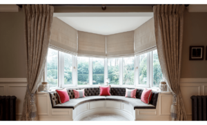 Custom made window bench with flat upholstered seat