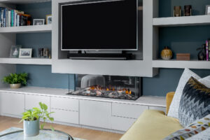 modern grey entertainment unit with a fireplace